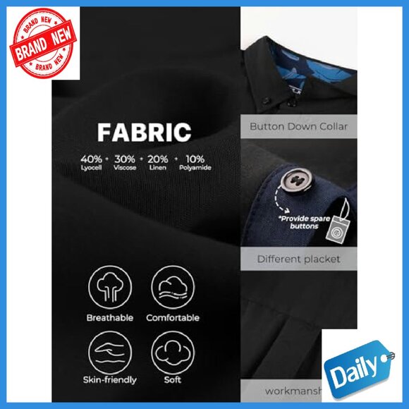 Men's Linen Blend Button Down Short Sleeve Shirt Casual Business Style - Picture 4 of 7